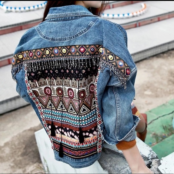 New Bohemian Western Embroidered Oversized Denim Jean Jacket - Picture 3 of 8
